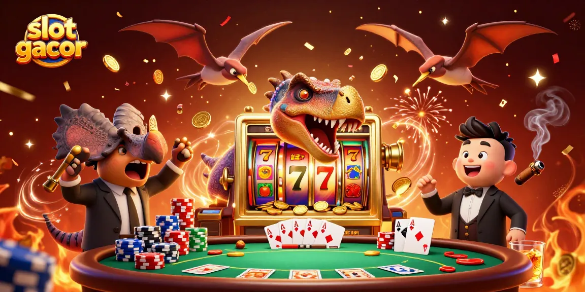 Experience the excitement of slot gacor as a pachycephalosaurus wins a jackpot with vibrant casino elements.