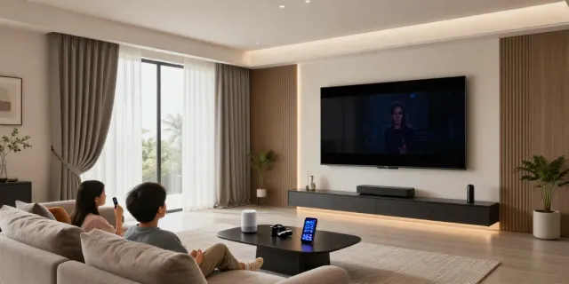 Family enjoying a movie in a smart home with پرده برقی هوشمند curtains.