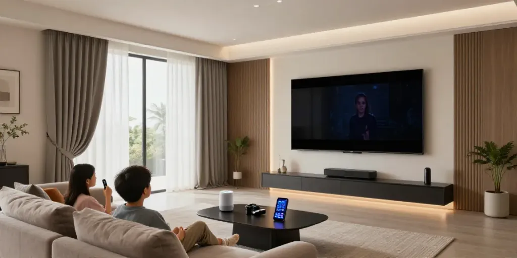 Family enjoying a movie in a smart home with پرده برقی هوشمند curtains.