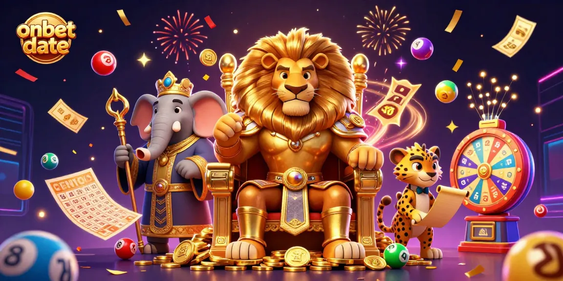 Join the excitement at onbet date with a vibrant illustration featuring a lion king, elephant advisor, and cheetah messenger surrounded by dynamic lottery and casino elements.
