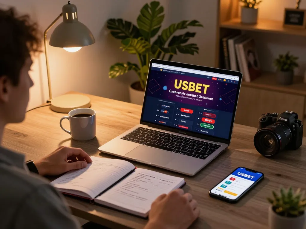 Engaging in online gambling at USBET with a laptop and smartphone in a cozy setting.