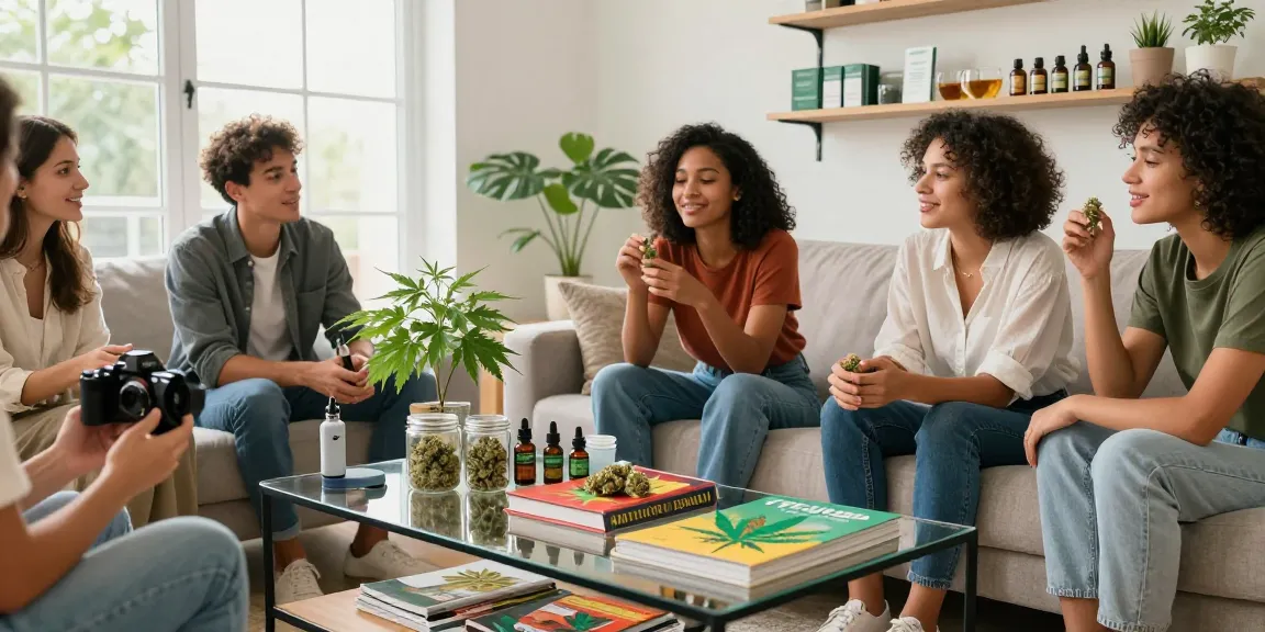 THC flower shop scene with friends sharing experiences, quality cannabis products, and natural wellness ambiance.