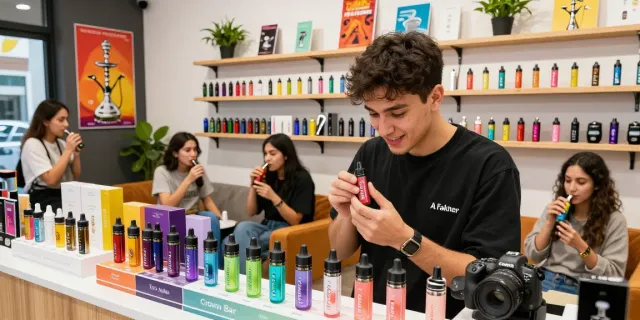 Al Fakher Vape in einem einladenden Vape-Shop mit vielfältigen Geschmäckern und Kunden, die Produkte entdecken.