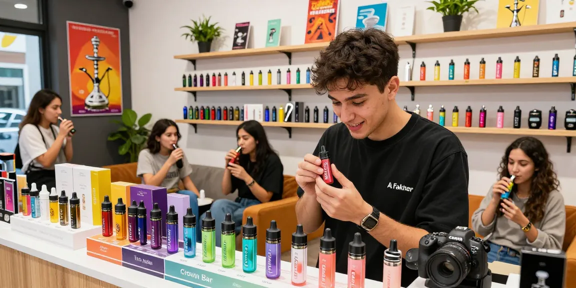 Al Fakher Vape in einem einladenden Vape-Shop mit vielfältigen Geschmäckern und Kunden, die Produkte entdecken.