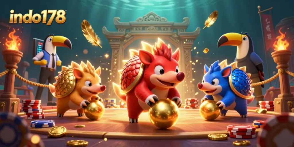 Engage in thrilling action with indo178's rival pangolins rolling jackpot balls amidst poker chips.