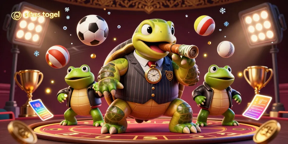Engage with situs togel as the cartoon turtle lights up the casino scene with sports elements and vibrant details.