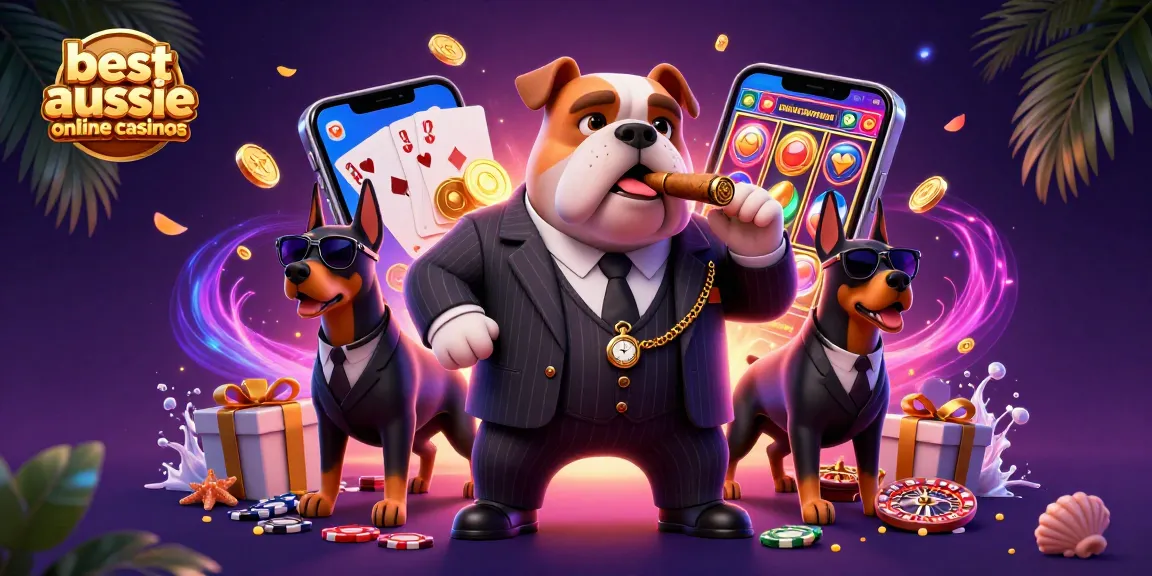 Experience the excitement of the best aussie online casinos with a 3D illustration featuring a mafia bulldog and games.