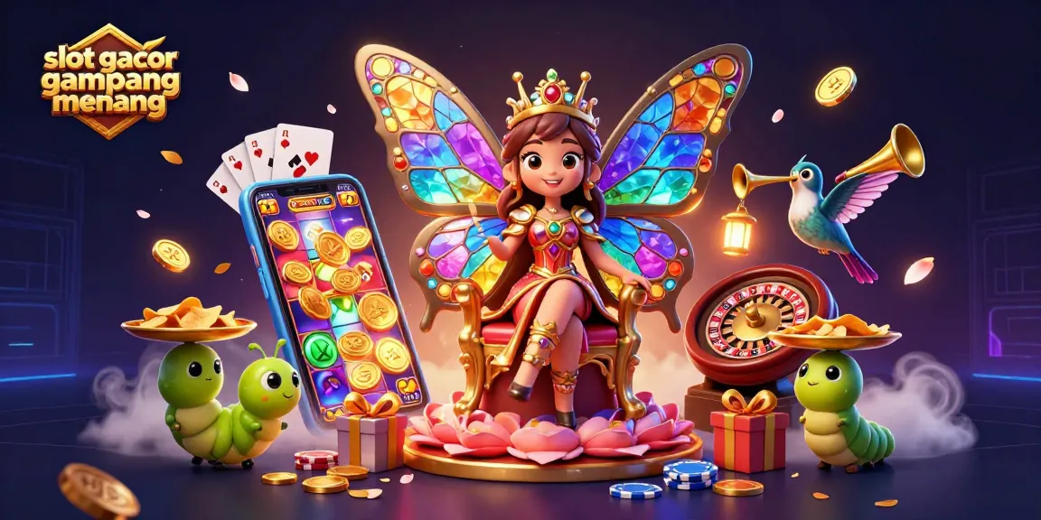 Engage with slot gacor gampang menang visuals featuring a butterfly queen and vibrant casino elements.