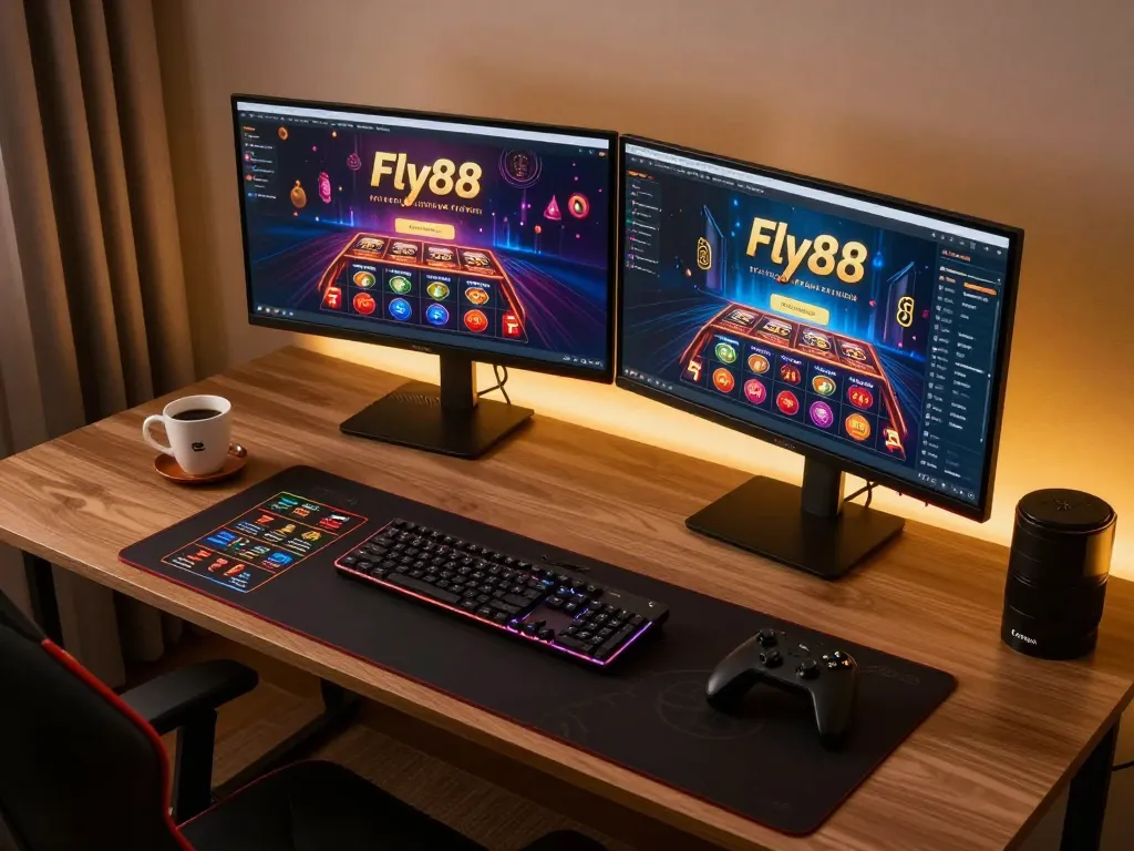 Experience thrilling gameplay on Fly88 with a modern online gaming setup featuring dual monitors and strategic notes.