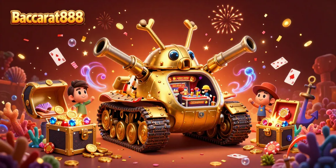 Baccarat888 showcases an exciting mini casino inside a golden beetle tank, surrounded by confetti and underwater treasures.