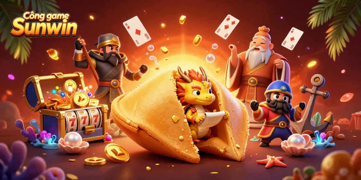 Cổng game Sunwin features a golden fortune cookie and a wise dragon, illustrating the thrill of online casino gaming.