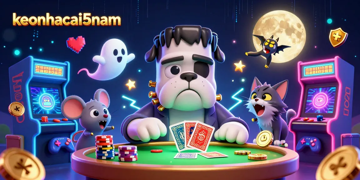 Betting on keonhacai5nam with a cartoon bulldog dealer and ghost mouse at a spooky casino table.
