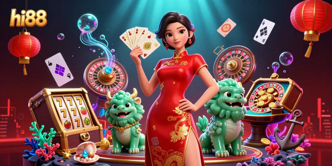 Experience the excitement of hi88 casino games with a dynamic 3D illustration featuring vibrant slots and a captivating character.