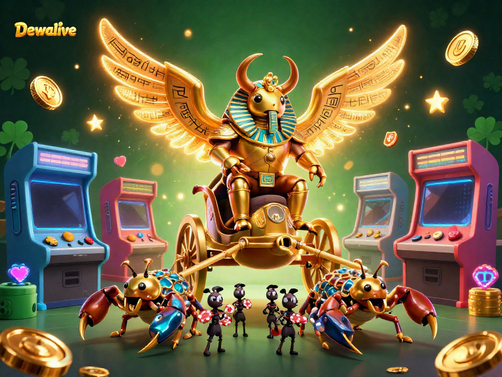 Engage with Dewalive as golden beetles and scorpions navigate vibrant casino elements.