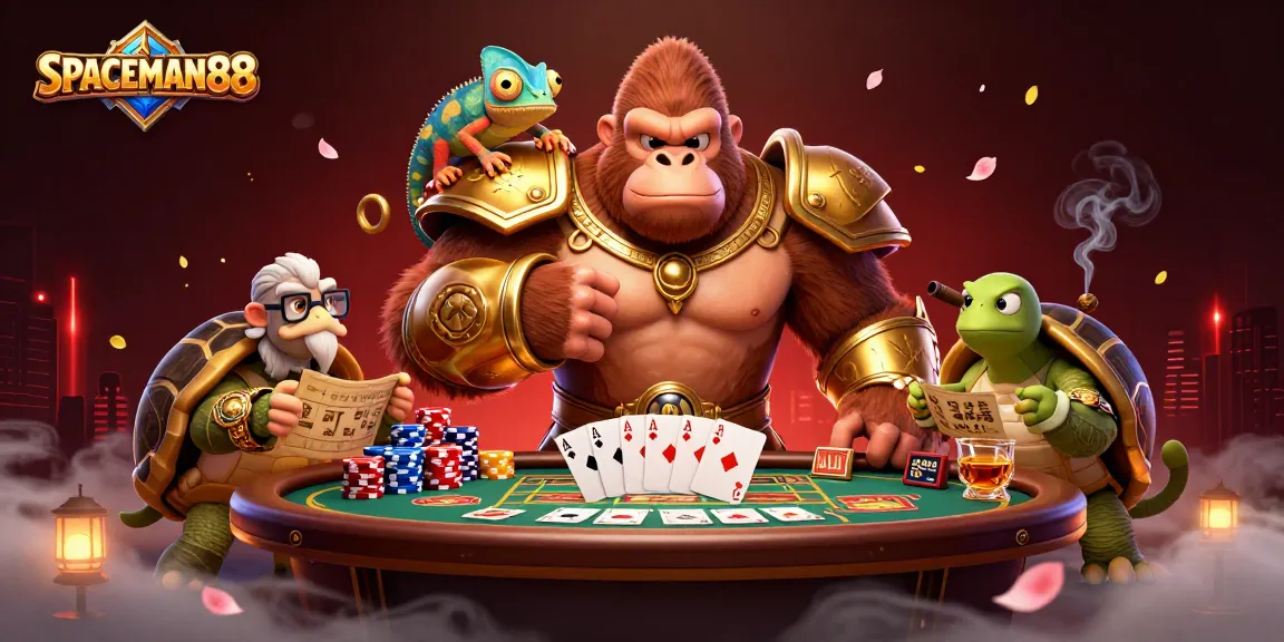 SPACEMAN88 gorilla king performs in a vibrant casino scene filled with poker elements and colorful chips.