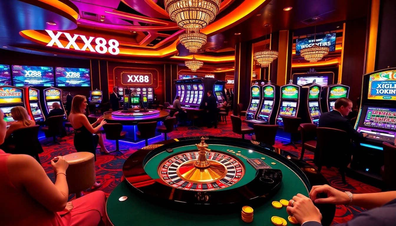 Exciting casino atmosphere at https://xx88.pizza/ featuring a vibrant roulette table and elegant players.