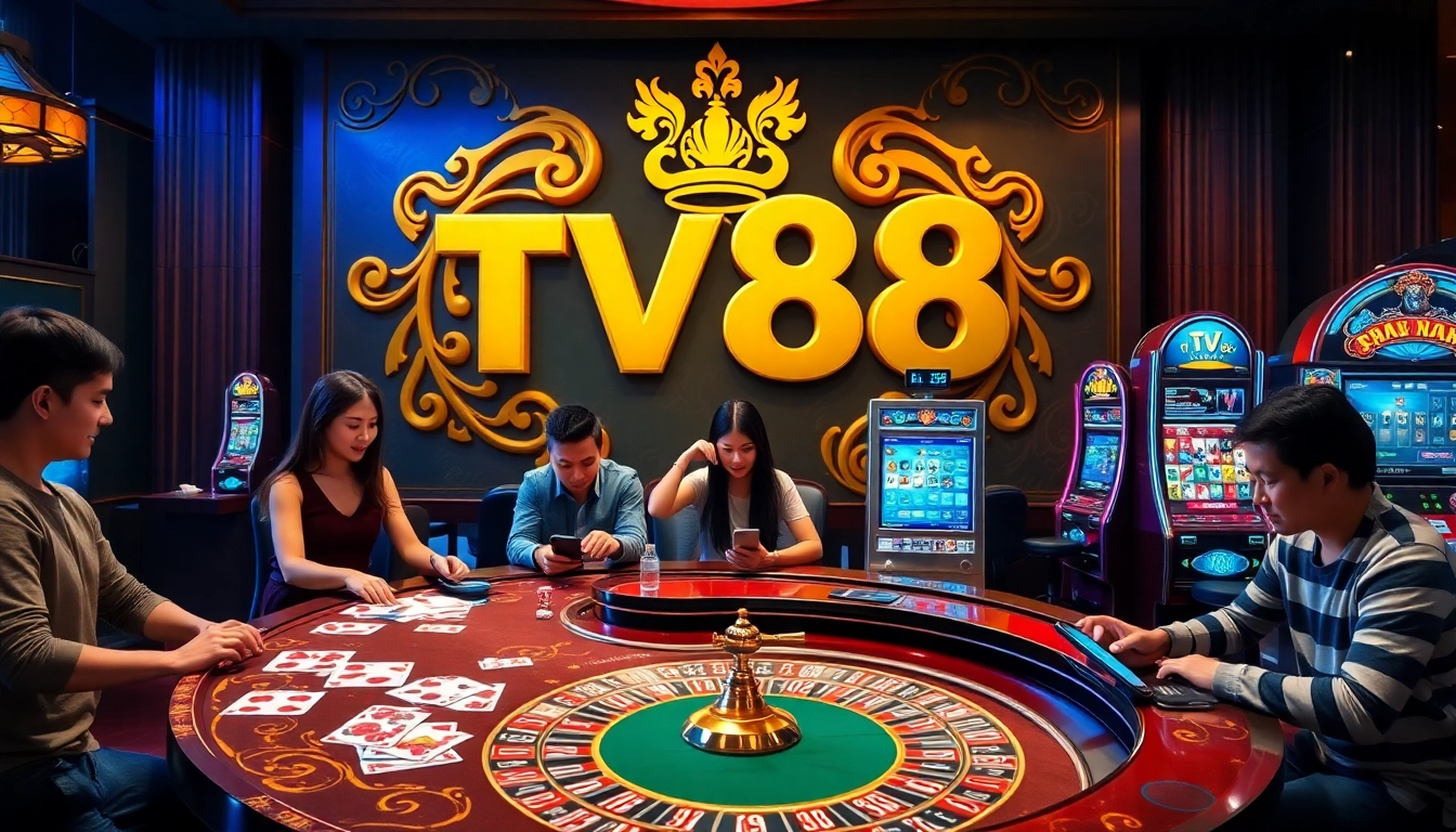 Engage with the excitement of TV88 casino gaming featuring vibrant tables and players.