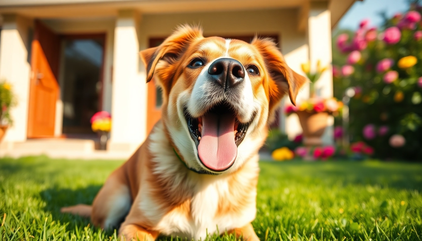 Happy dog enjoying a CBD For Pet treat on a sunny day in the garden.