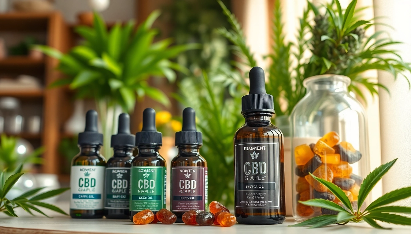 Showcasing beautiful CBD products in a relaxed herbal shop setting.