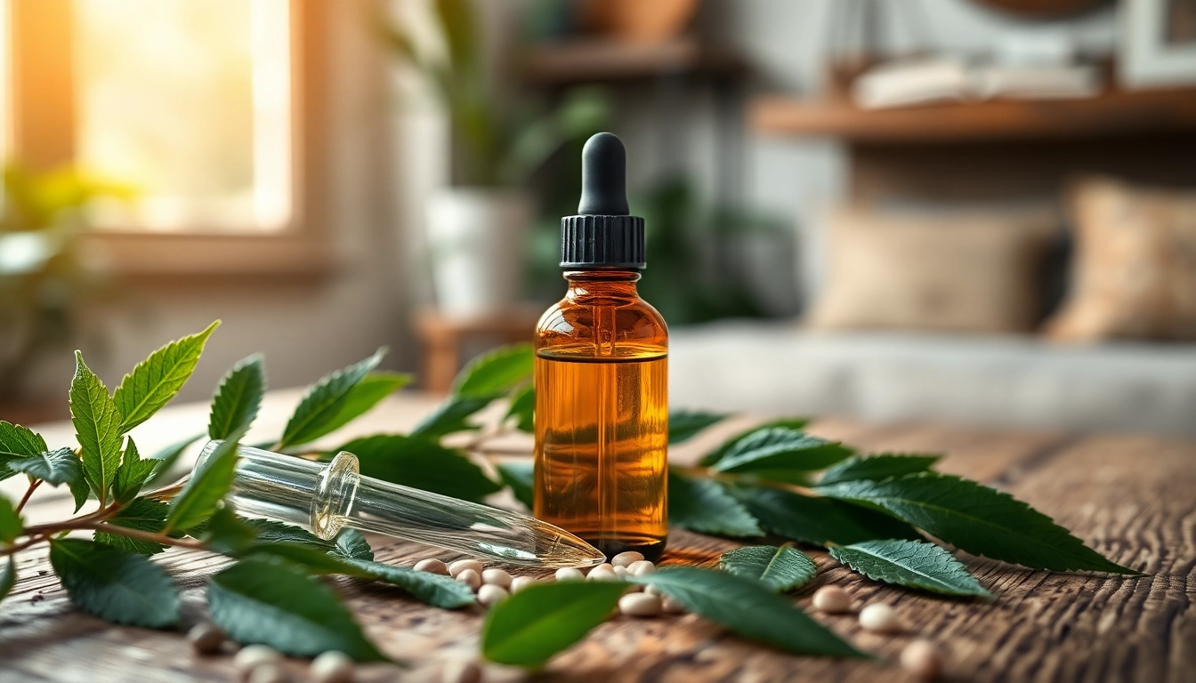 Showcasing CBD Oil bottle with dropper surrounded by nature, conveying relaxation and health benefits.