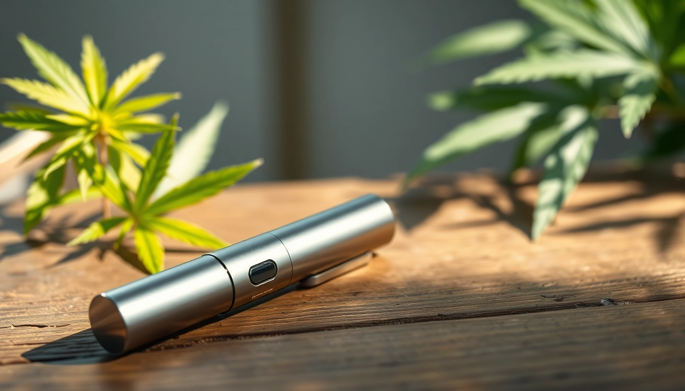Showcase a stylish Cannabis Vape pen on a wooden table, highlighting its sleek design.