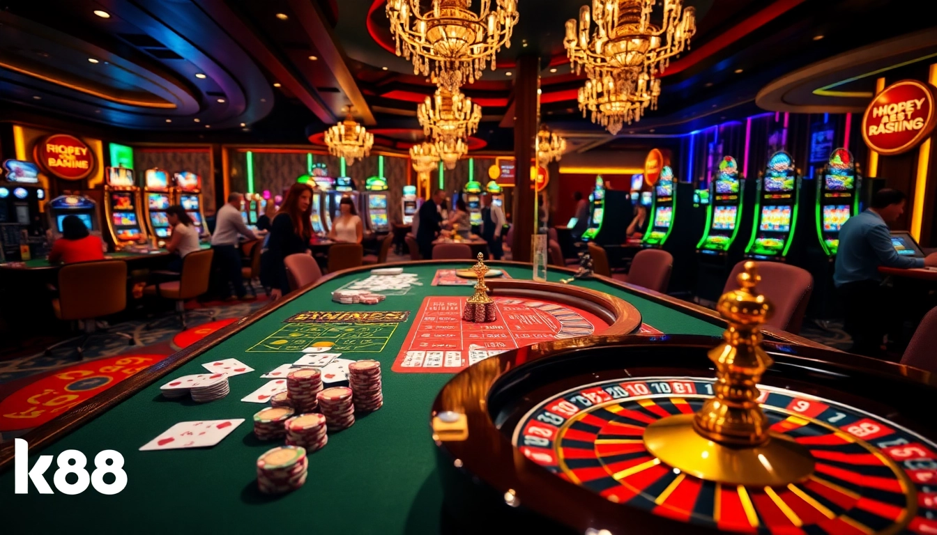 Players enjoying a thrilling game at k88 casino table with vibrant chips and cards.