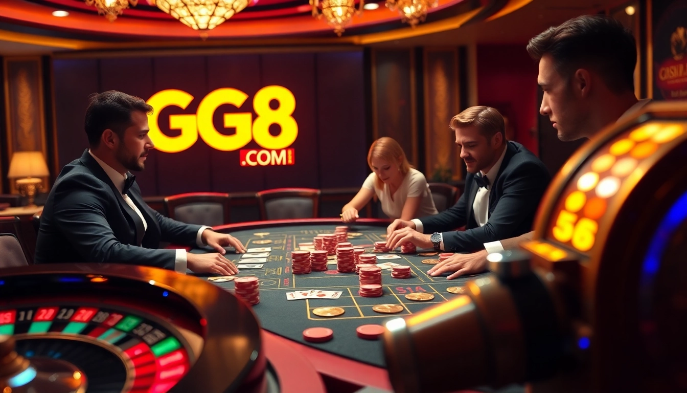 Experience high-stakes excitement at GG88 COM's luxurious casino tables featuring poker chips and vibrant roulette wheels.
