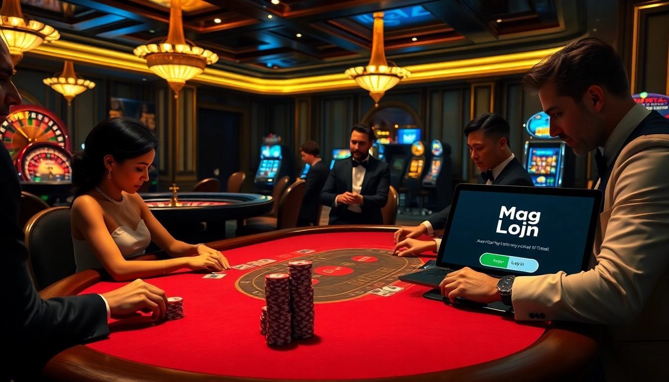 Engaging gamblers at a high-stakes poker table with Mag Login displayed digitally.