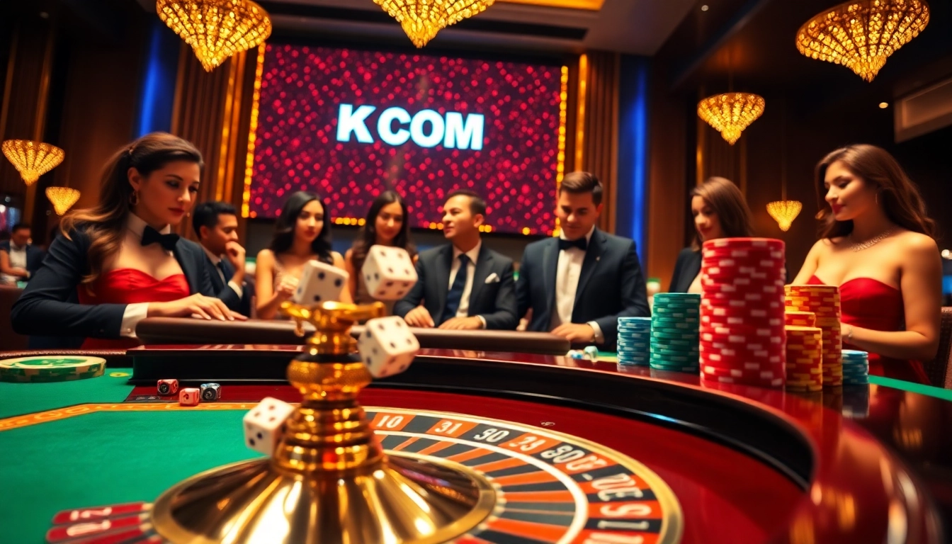 Engaging poker table scene with players and the KJC COM logo illuminating the luxurious casino environment.