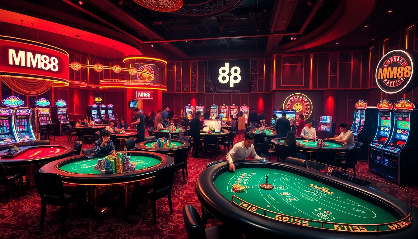 Experience thrilling gameplay with MM88, showcasing vibrant casino tables and high-stakes action.