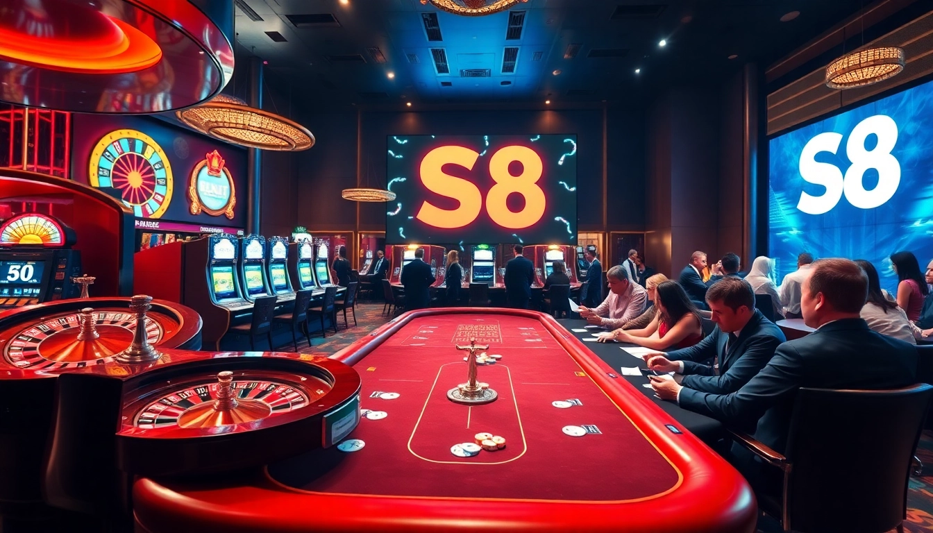 Excited players at an S8 casino table experience thrilling action and high stakes.