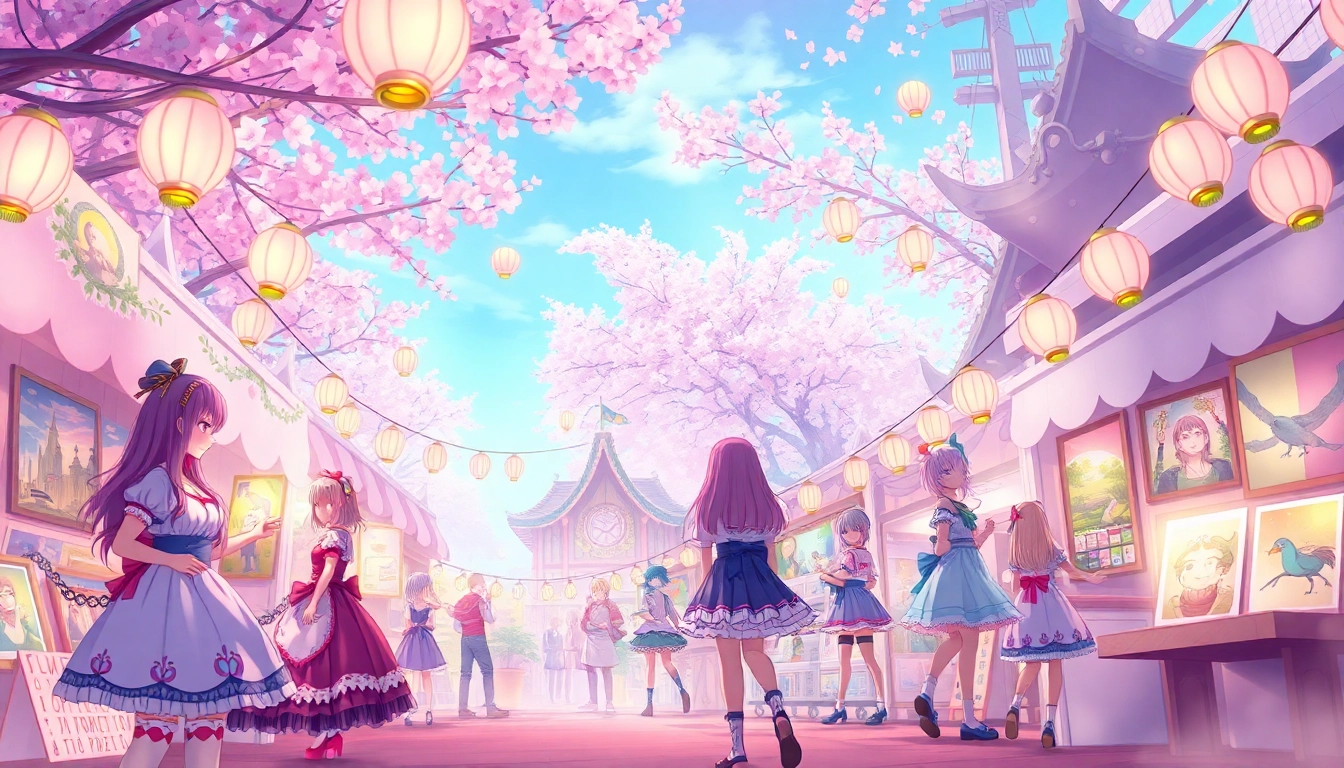 Vibrant anime festival scene depicting characters engaging in playful interactions, celebrating creativity related to anime sex.