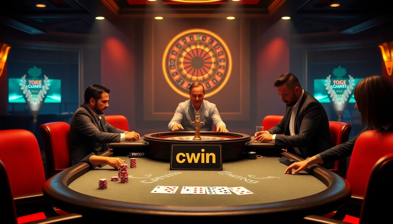 Cwin enhances the thrill of casino gameplay at a high-stakes poker table with vibrant chips and cards.