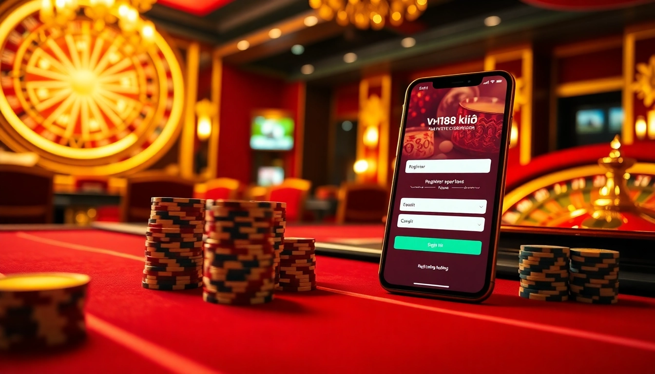 Experience the thrill of online gambling with vn168 đăng ký on a vibrant casino table scene.