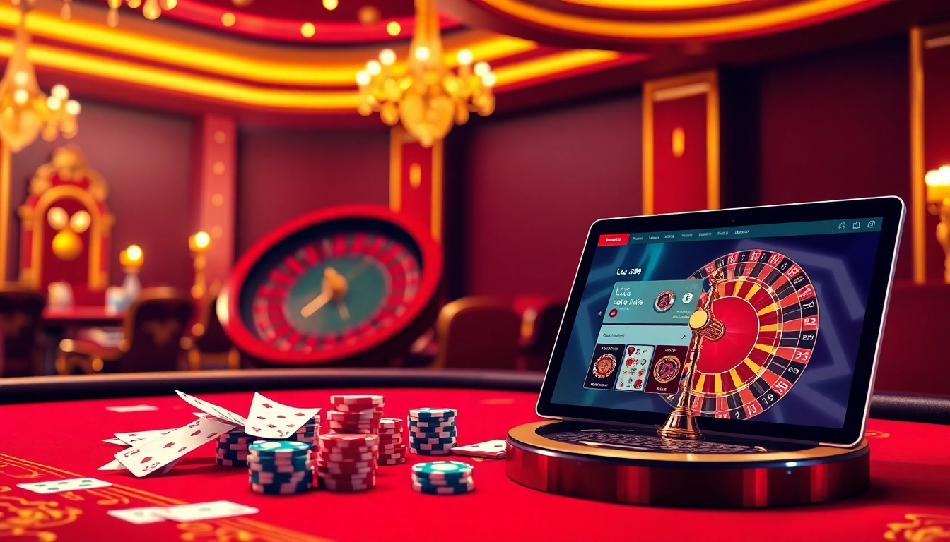 Experience online gaming with 'link vào lc88' showcasing poker chips on a casino table.