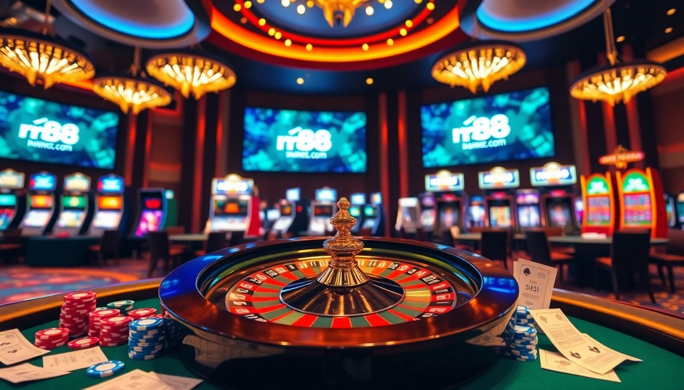 Experience high-stakes action with rr88.com at a vibrant casino table featuring roulette, poker chips, and digital screens.