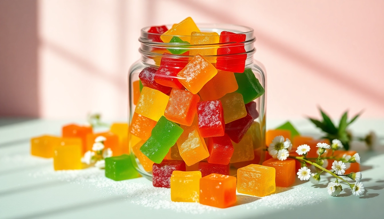 Indulge in colorful Weed Gummies displayed in a glass jar with vibrant detail and appealing texture.