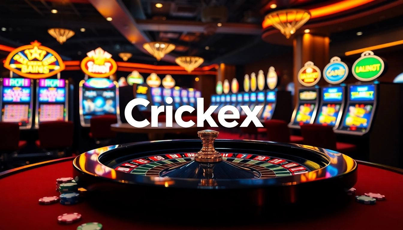 Crickex poker chips and roulette table in a luxurious casino setting.