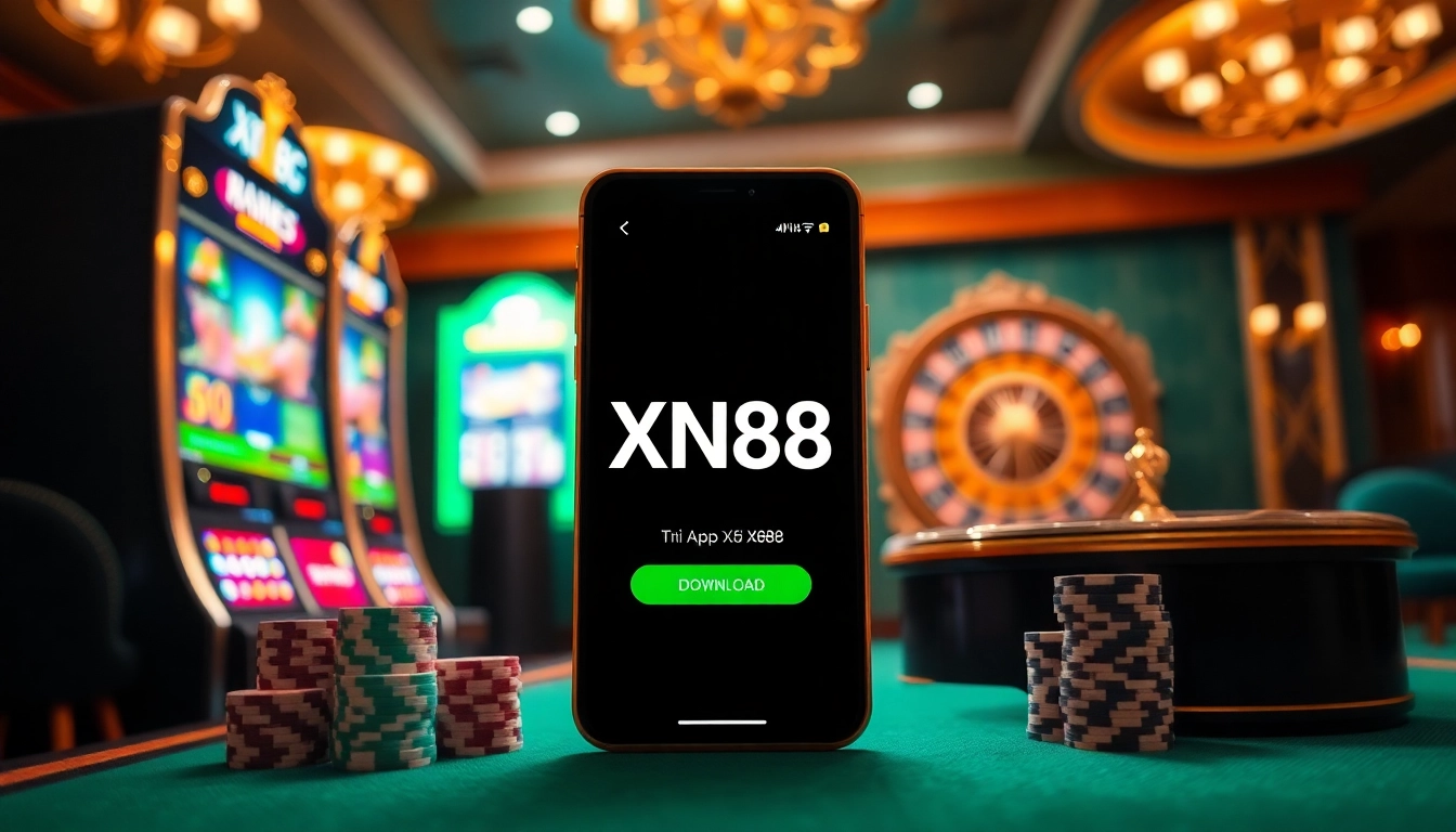 Tải App XN88 on mobile screen amidst a luxurious casino setting with poker chips and roulette wheel.
