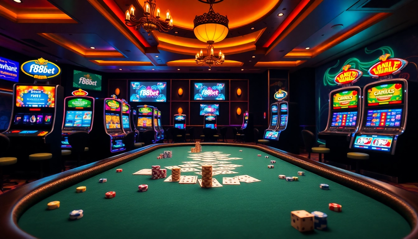 Engage in thrilling gameplay with f88bet at a luxurious online casino featuring poker tables and slot machines.