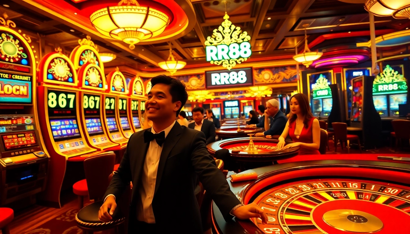 Experience excitement at RR88 casino with players at vibrant slot machines and roulette tables.