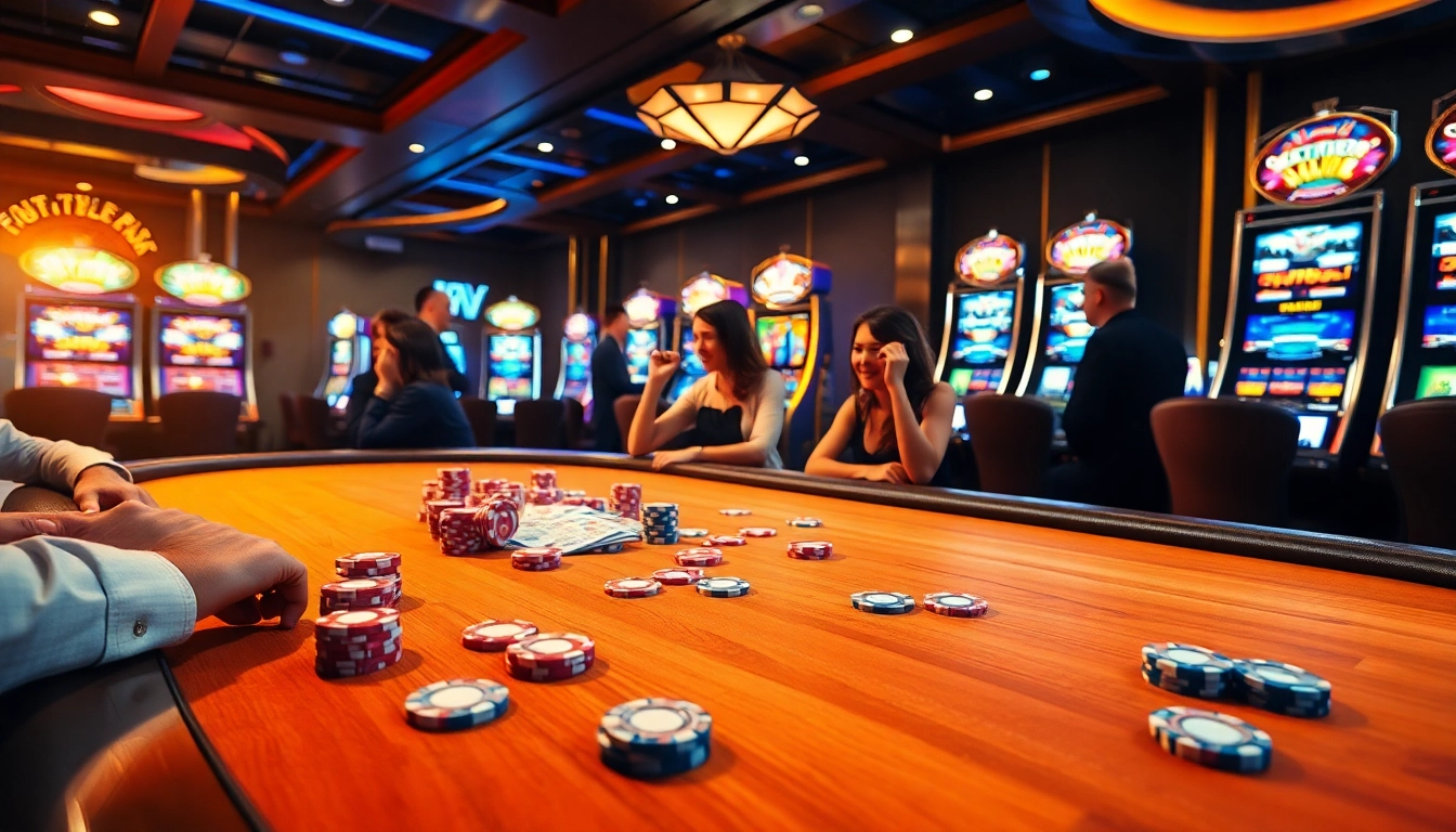 Engaging scene of players at RR88 casino table, highlighting vibrant poker chips and cards.