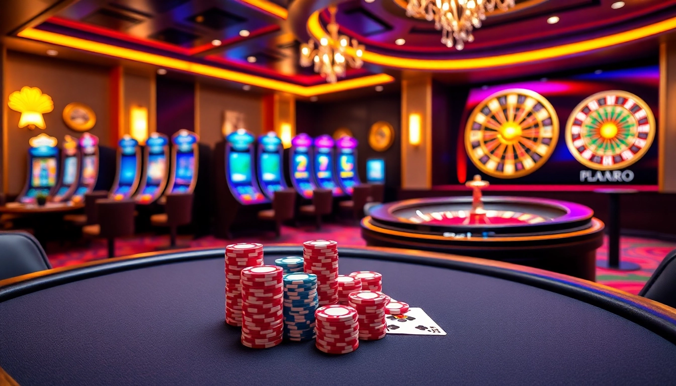 Play and win at Phlaro in a luxurious casino setting with poker tables and vibrant slot machines