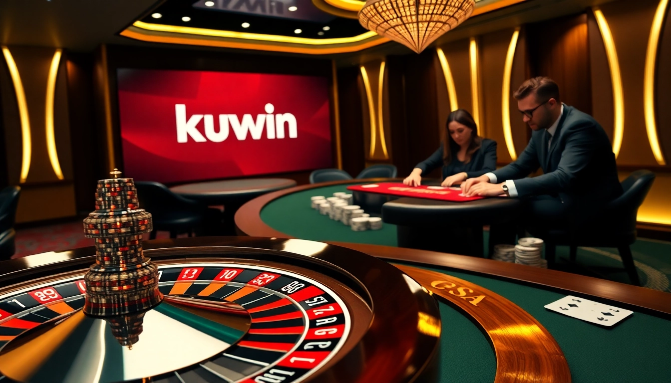 Experience the thrill of gambling at kuwin com with a dynamic casino scene featuring poker and roulette.