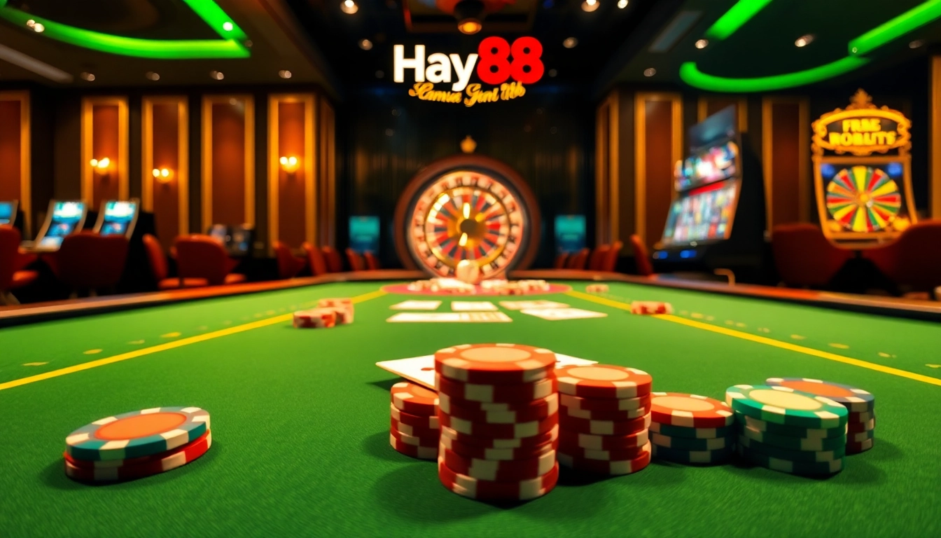 Experience high-stakes gameplay at Hay88 casino with vibrant poker chips and thrilling roulette.