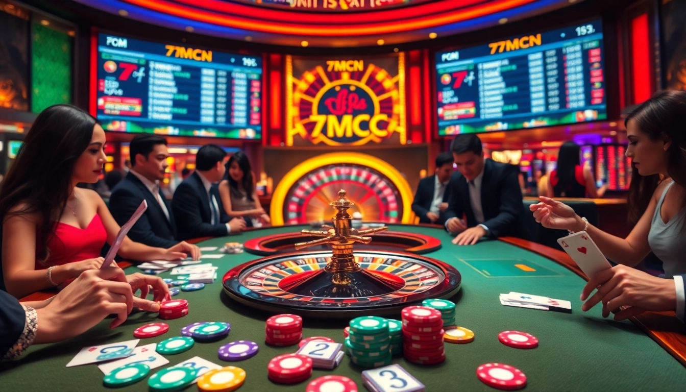 7mcn players engaging with a luxury casino table showcasing vibrant chips and cards.
