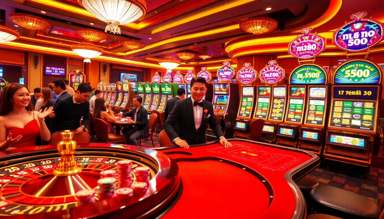 Experience the excitement of nổ hủ 90 at a luxurious casino table, surrounded by vibrant slot machines.