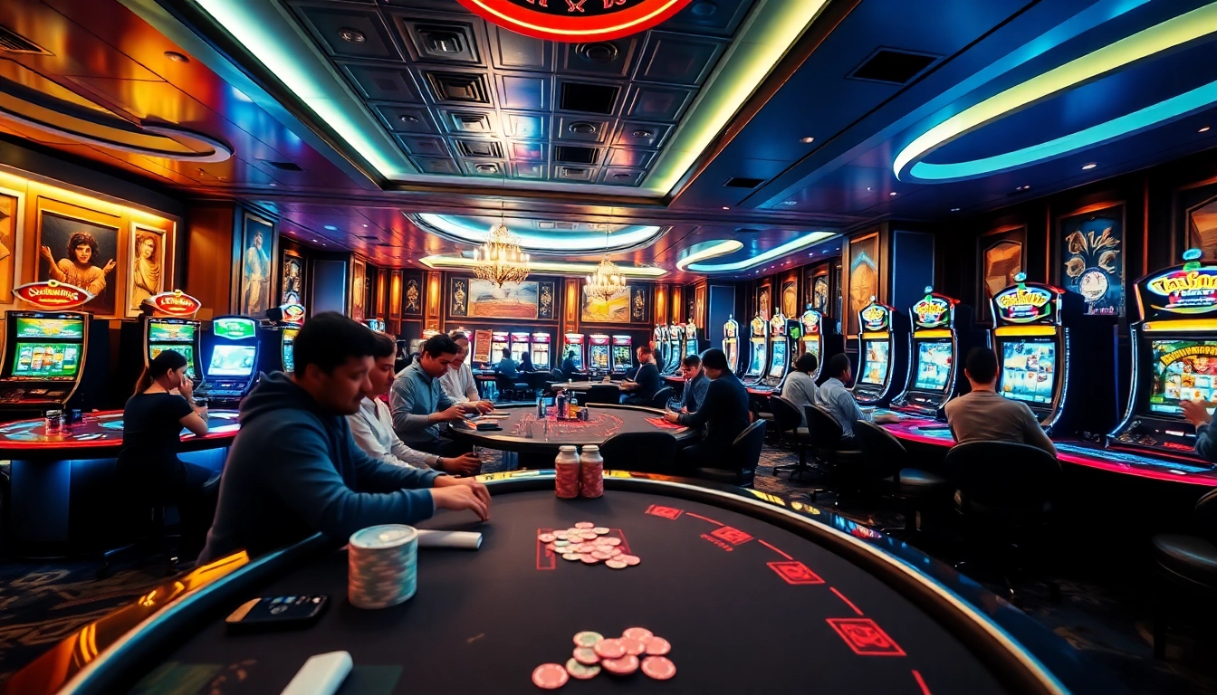 Gaming excitement at https://bancadoithuong-babydodoo.jpn.com/ where players engage at casino tables and slot machines.