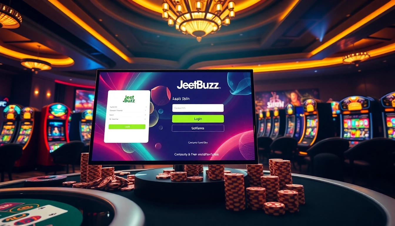 Visual of Jeetbuzz লগইন on a digital casino interface with vibrant gambling elements.