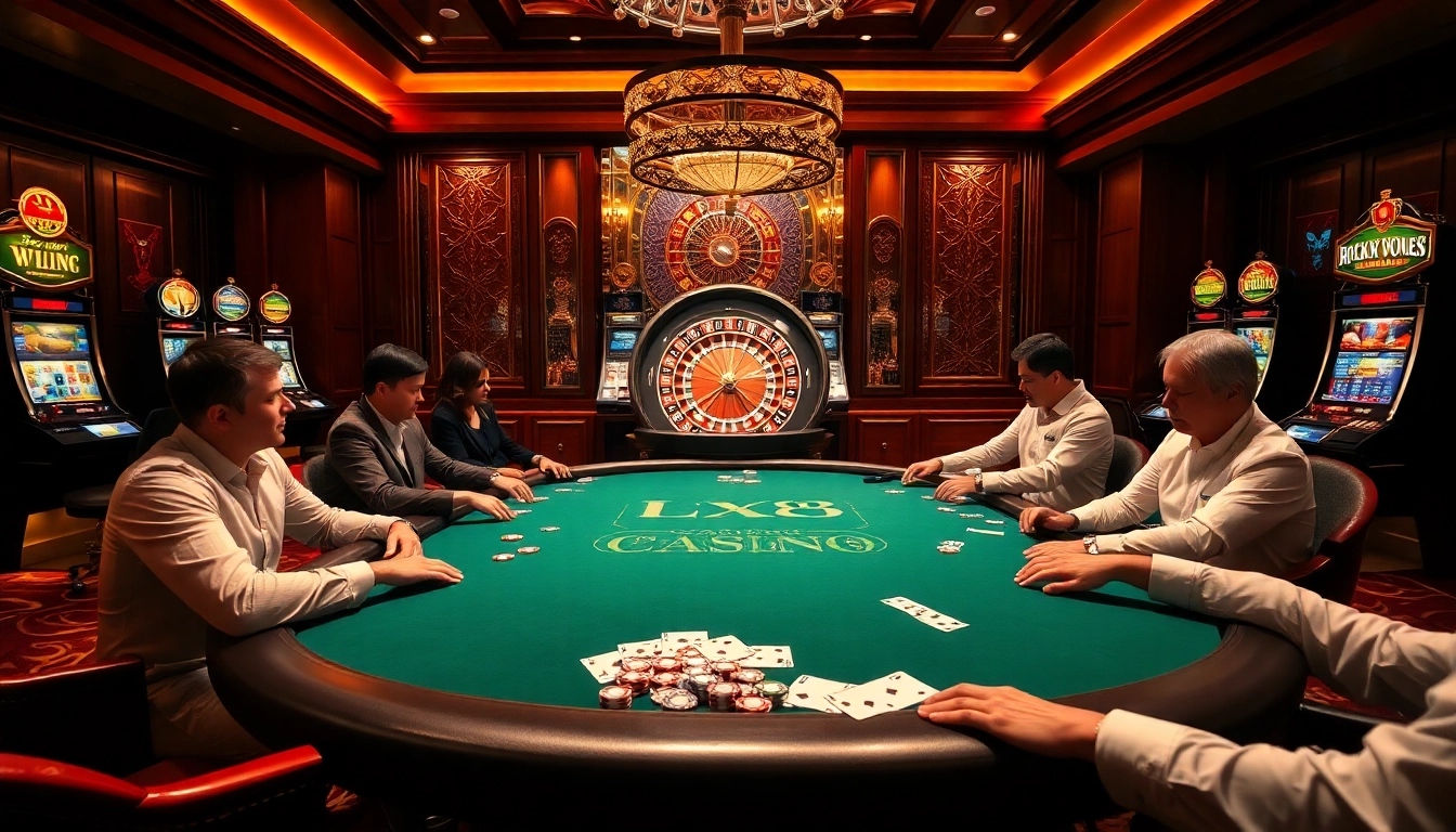 Engage in high-stakes gameplay at lc88 casino with luxury poker tables and vibrant slot machines.